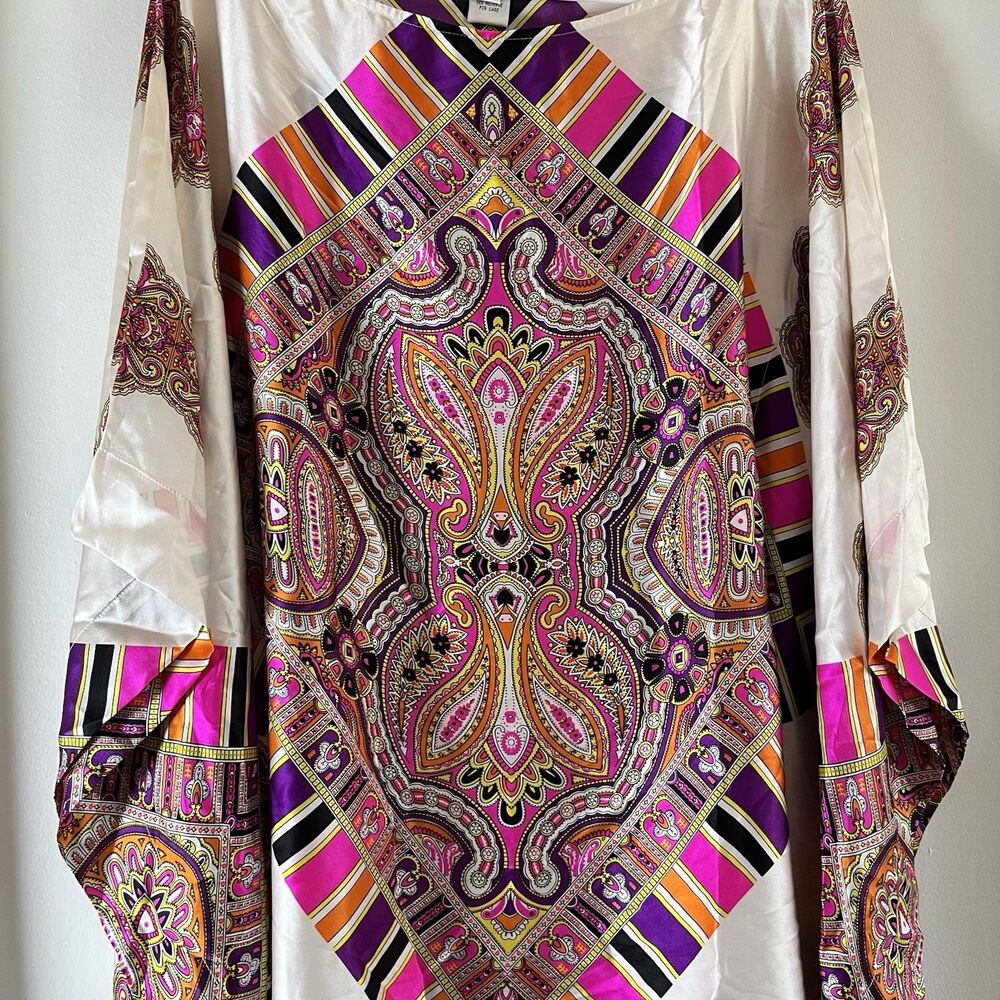 Vintage Cache 100% Silk Kaftan Dress Sz S Colorful NO BELT Boho - Picture 7 of 9